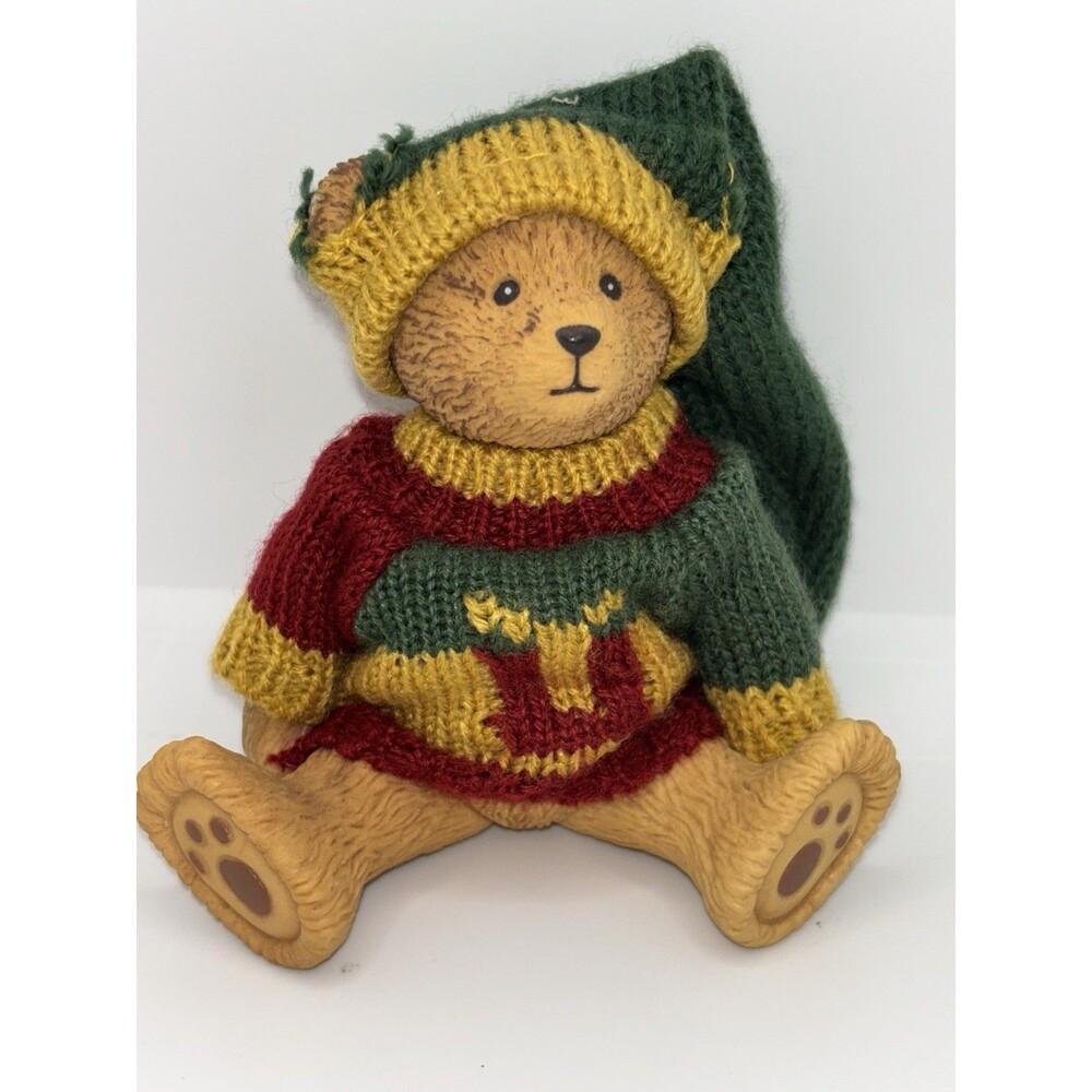 Russ Berrie Teddy Town Bear Figurine Jointed Green Sweater Hat Resin Vintage - Picture 4 of 6